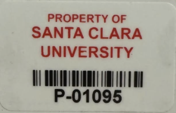 An example of a Santa Clara University printer asset tag.